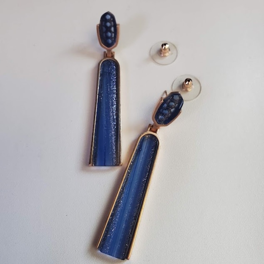 Kendra Scott Carson Statement Drop Earrings Navy Dusted Glass Rose Gold Art Deco